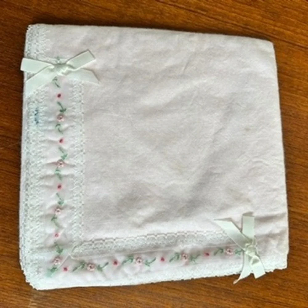 Dapper-Do Originals Vintage Pink Baby Blanket Floral Embroidery Lace Satin Bows